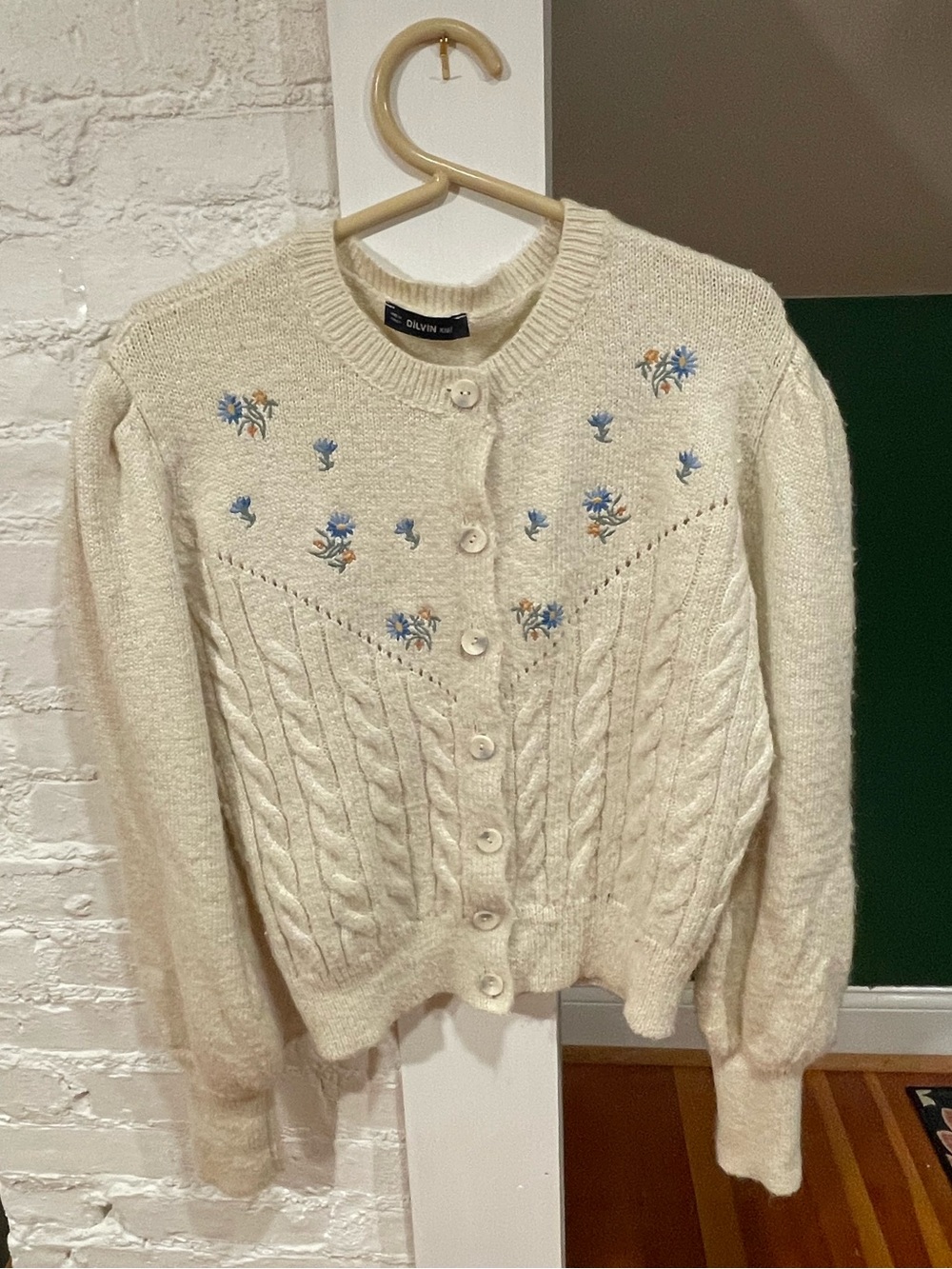 DILVIN Cream Cable Knit Cardigan with Blue Floral Embroidery